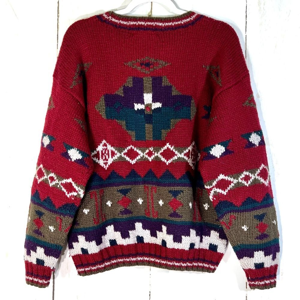 L.L. Bean Vintage 80's 100% Wool Aztec Western Crewneck Sweater Chunky Knit - Picture 5 of 8